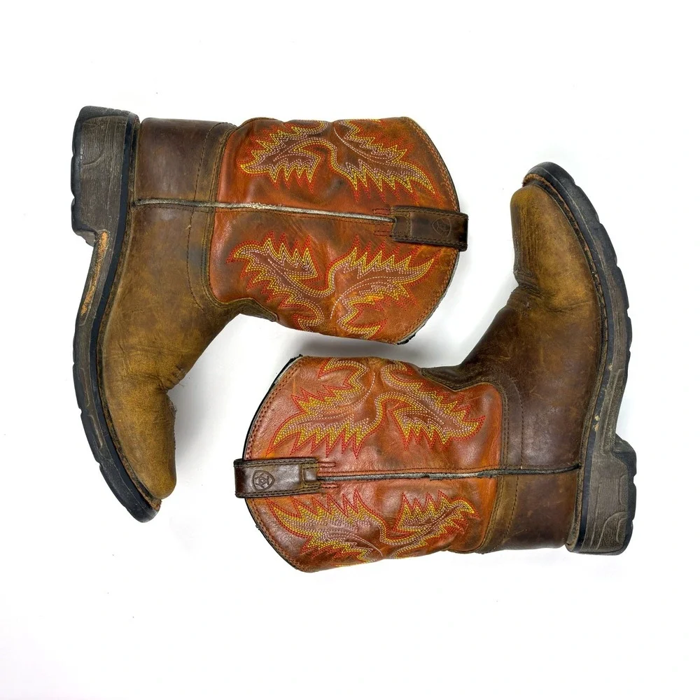 Ariat Kids WorkHog Square Toe Boots Sz 1.5‎ Brown Red Flame Embroidery Western
